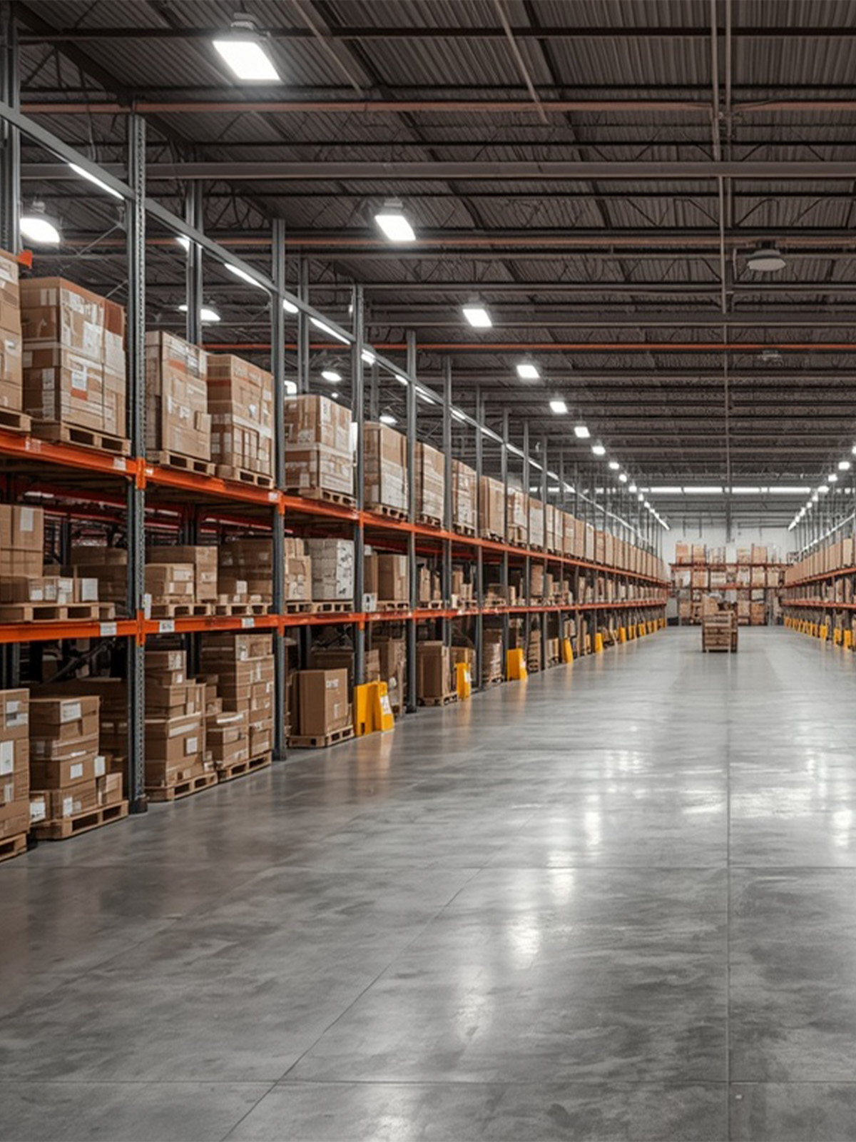 Warehouse aisle with household goods prepared for wholesale shipment